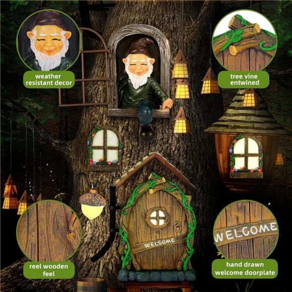 7 Pcs Fairy Garden Accessories Tree Hugger Gnome Statue Fairy Door Window Set - Picture 5 of 8